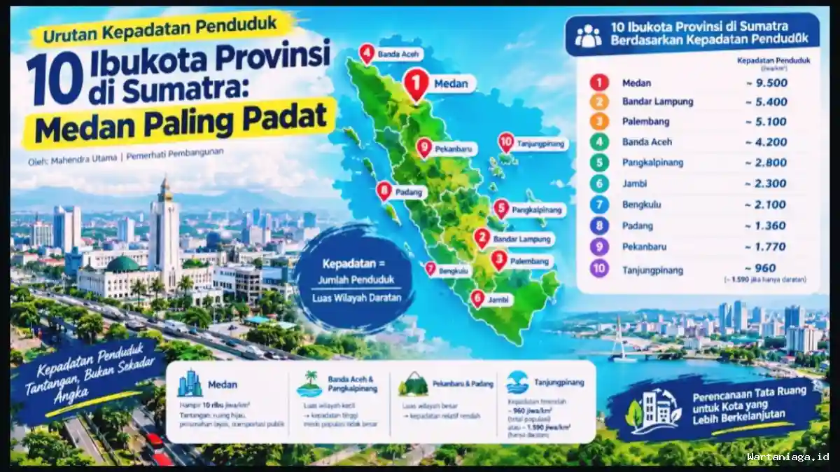 Kepadatan Penduduk 10 Ibukota Provinsi di Sumatra